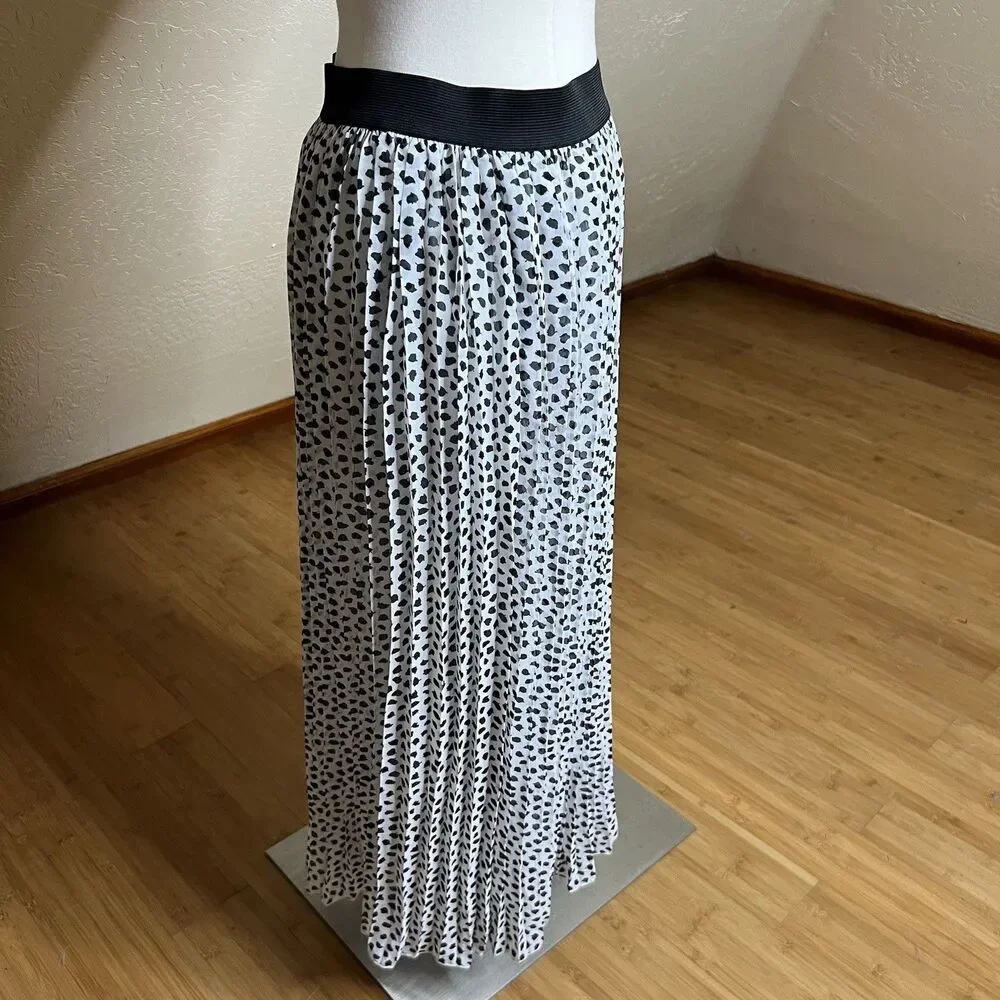 3/$25 Rachel Zoe Black White Dot Pleated Midi Skirt Womens M